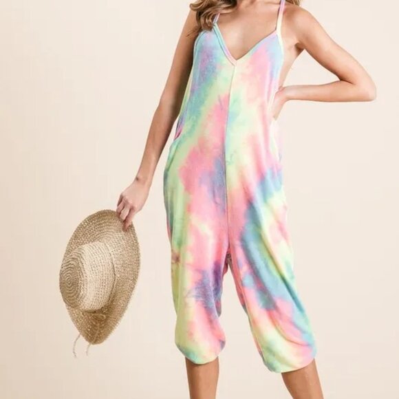 ✨NWT BiBi Tie Dye French Terry Mid-Length Casual Jumpsuit - Picture 2 of 12